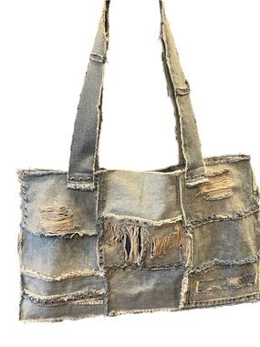 Upcycled OOAK Distressed Denim / Silver Stud Frayed Edge Patch Tote Bag